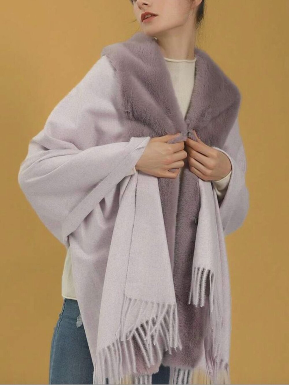 NWOT Lavender Knit Faux Fur Collar Fringe Shawl Wrap